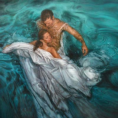 A painting of a man and woman wading in the water