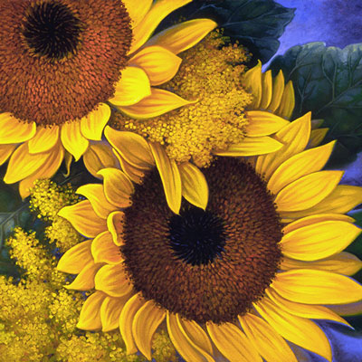A painting of two sunflowers